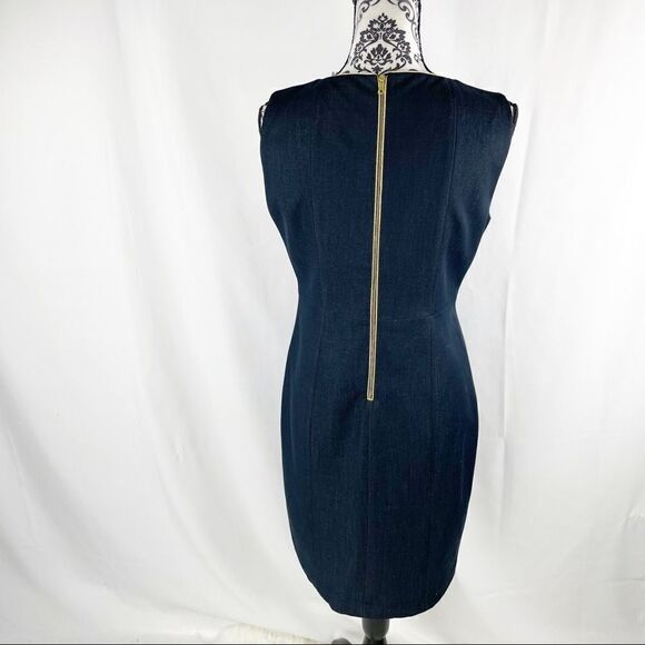 Tahari Exposed Zipper Pencil Dark Wash Midi Dress - Picture 4 of 10